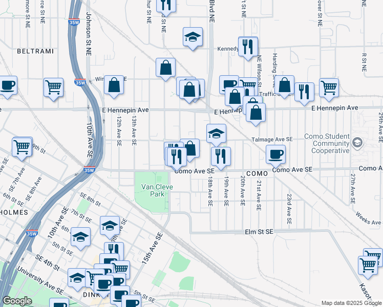 map of restaurants, bars, coffee shops, grocery stores, and more near 1056 17th Avenue Southeast in Minneapolis