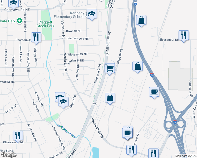 map of restaurants, bars, coffee shops, grocery stores, and more near 4438 Northside Drive Northeast in Keizer