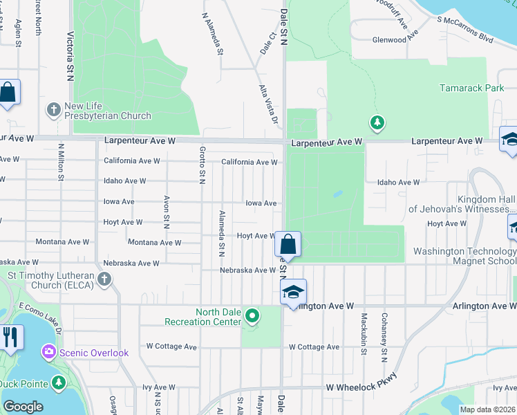 map of restaurants, bars, coffee shops, grocery stores, and more near 1603 Maywood Street North in Saint Paul