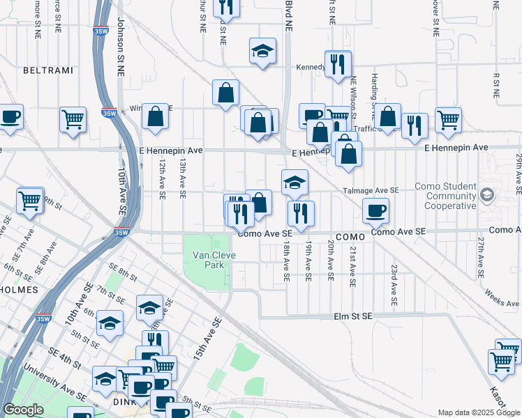 map of restaurants, bars, coffee shops, grocery stores, and more near 1056 17th Avenue Southeast in Minneapolis