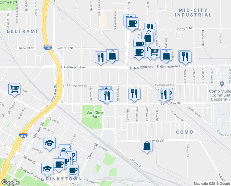map of restaurants, bars, coffee shops, grocery stores, and more near 1056 17th Avenue Southeast in Minneapolis