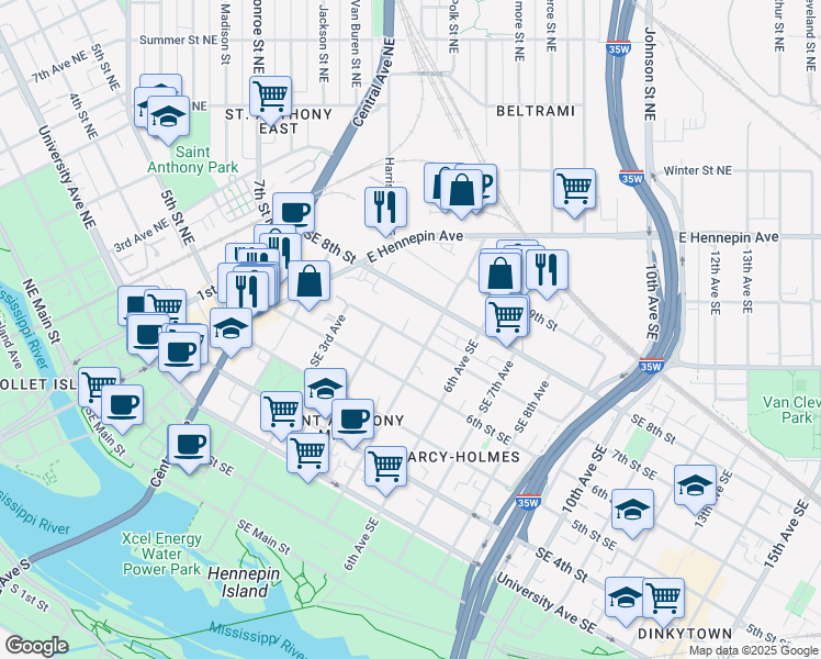 map of restaurants, bars, coffee shops, grocery stores, and more near 420 Southeast 8th Street in Minneapolis
