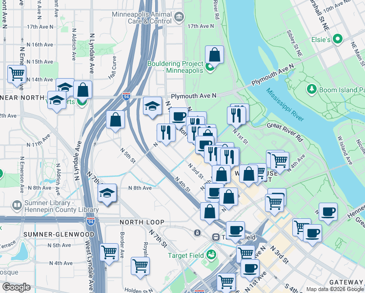 map of restaurants, bars, coffee shops, grocery stores, and more near 218 9th Avenue North in Minneapolis