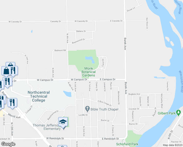 map of restaurants, bars, coffee shops, grocery stores, and more near 1801 East Crabtree Drive in Wausau