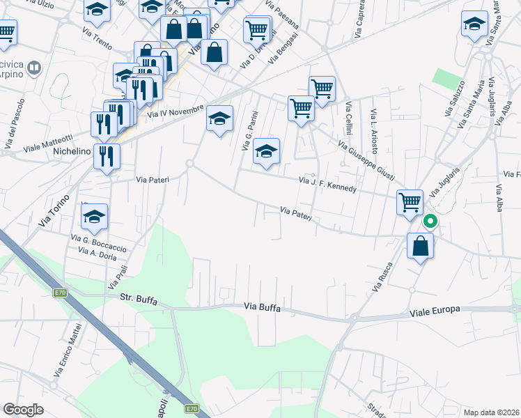 map of restaurants, bars, coffee shops, grocery stores, and more near 60 Via Pateri in Nichelino
