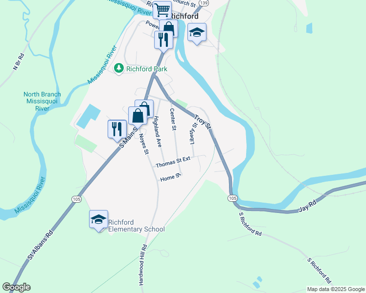 map of restaurants, bars, coffee shops, grocery stores, and more near 70 Liberty Street in Richford