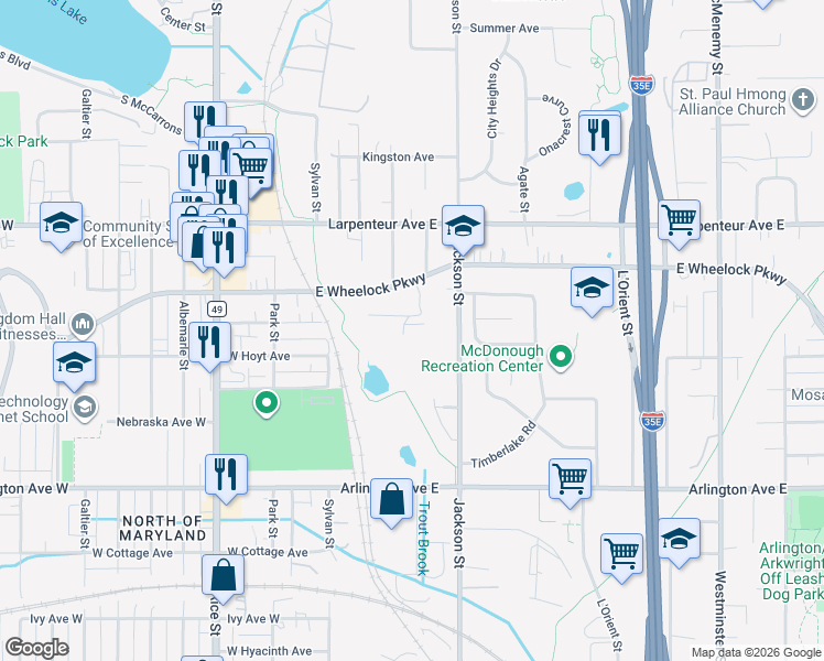 map of restaurants, bars, coffee shops, grocery stores, and more near 1580 Wheelock Lane in Saint Paul