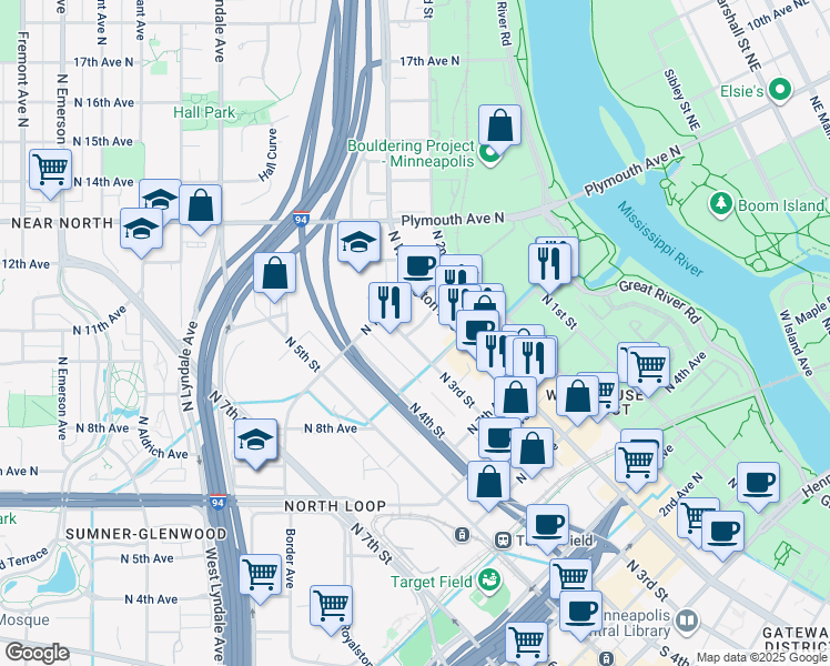 map of restaurants, bars, coffee shops, grocery stores, and more near 800 North 3rd Street in Minneapolis