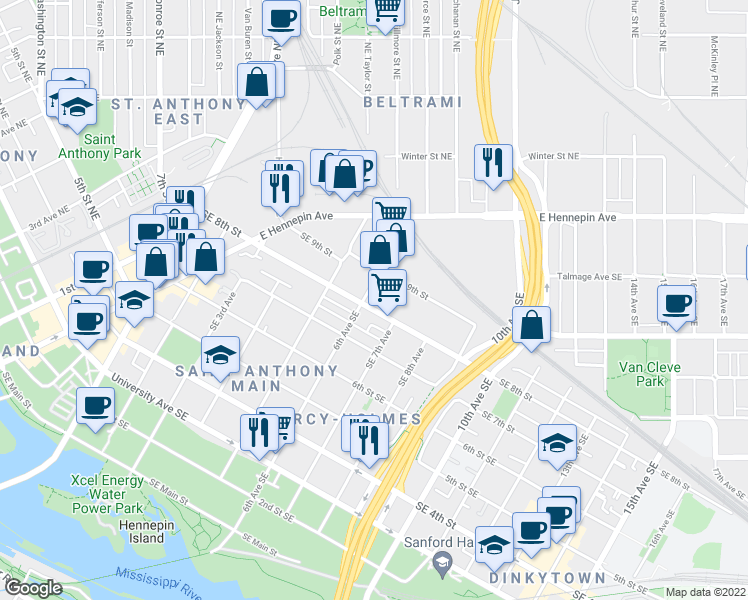 map of restaurants, bars, coffee shops, grocery stores, and more near 610 Southeast 9th Street in Minneapolis
