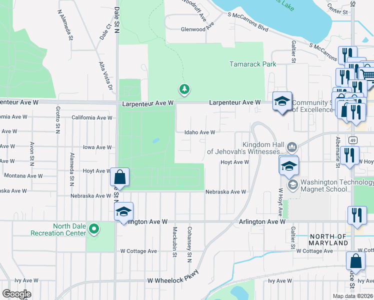 map of restaurants, bars, coffee shops, grocery stores, and more near 1601 Cohansey Street North in Saint Paul