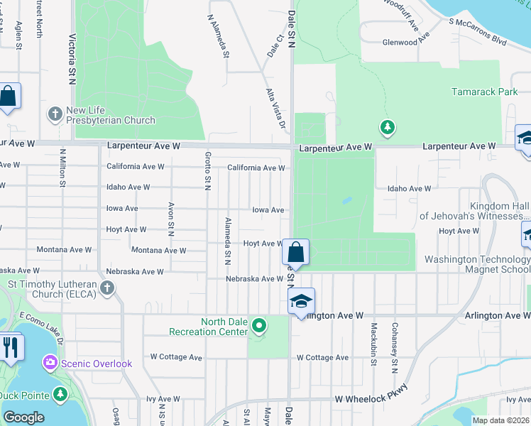 map of restaurants, bars, coffee shops, grocery stores, and more near 1603 Maywood Street North in Saint Paul