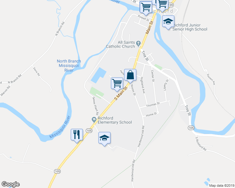 map of restaurants, bars, coffee shops, grocery stores, and more near 308 South Main Street in Richford