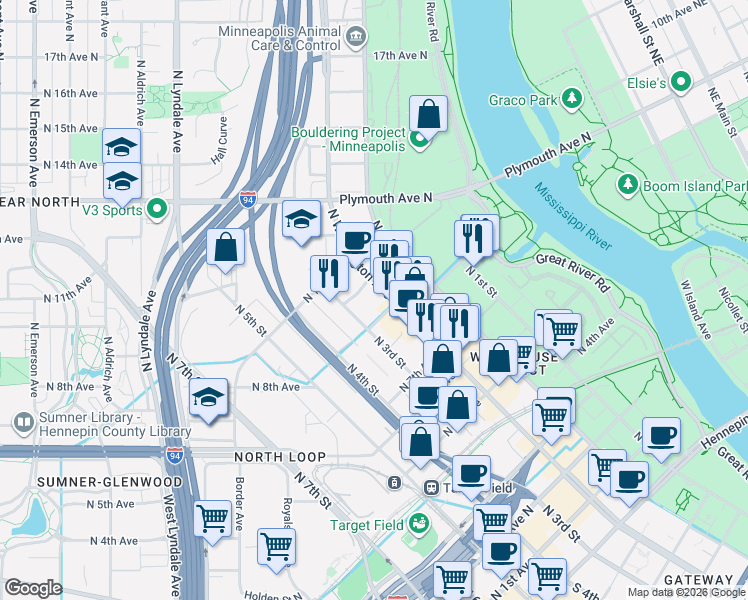 map of restaurants, bars, coffee shops, grocery stores, and more near 801 Washington Avenue North in Minneapolis