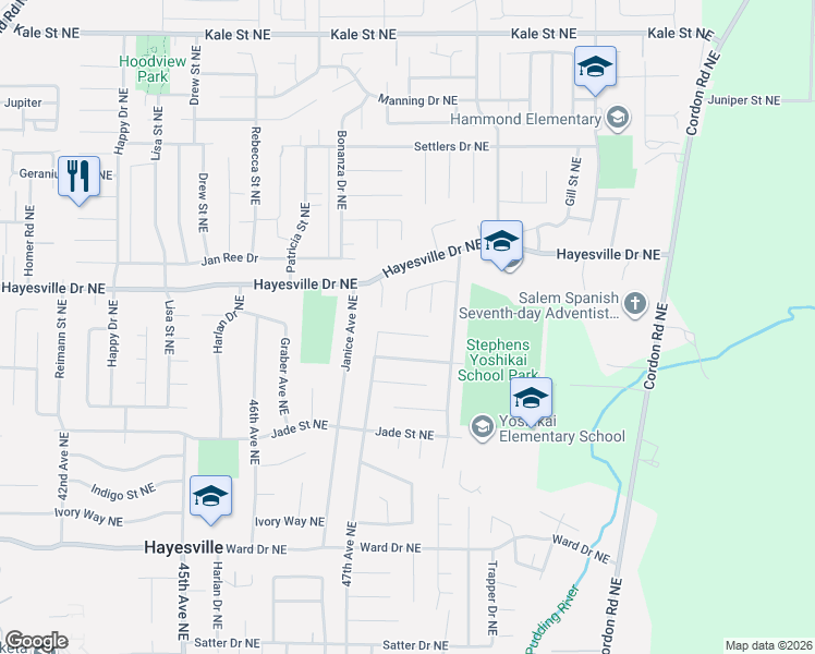 map of restaurants, bars, coffee shops, grocery stores, and more near 4724 Bohannon Street Northeast in Salem