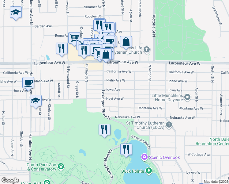 map of restaurants, bars, coffee shops, grocery stores, and more near 1073 Iowa Avenue in Saint Paul