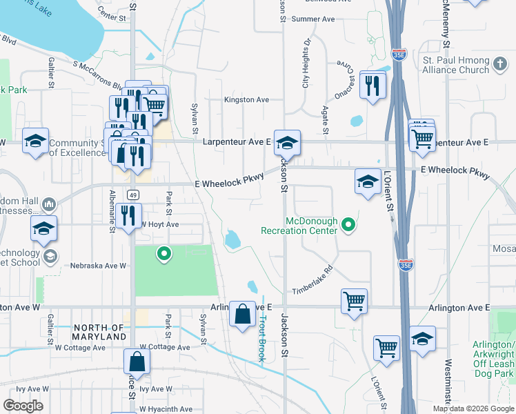 map of restaurants, bars, coffee shops, grocery stores, and more near 1580 Wheelock Lane in Saint Paul