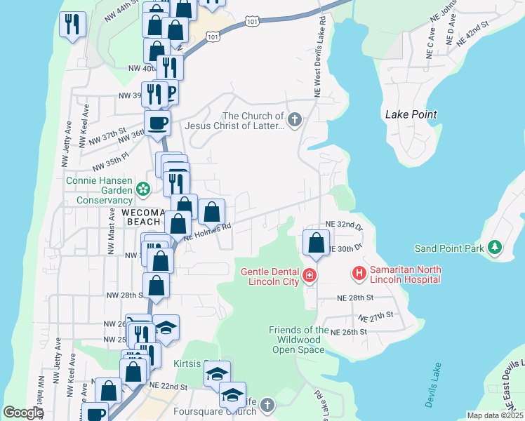 map of restaurants, bars, coffee shops, grocery stores, and more near 2604 Northeast 33rd Street in Lincoln City