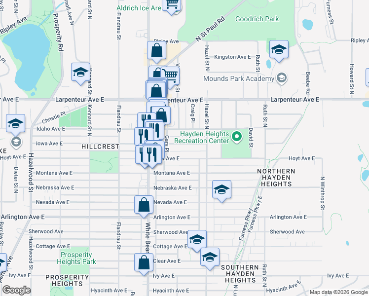 map of restaurants, bars, coffee shops, grocery stores, and more near 1845 Iowa Avenue East in Saint Paul