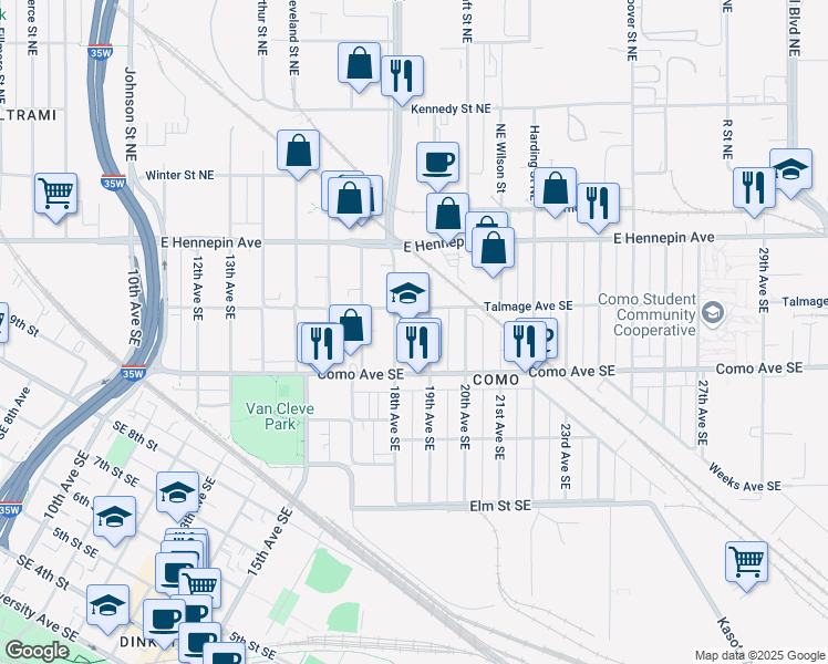 map of restaurants, bars, coffee shops, grocery stores, and more near 1803 Talmage Avenue Southeast in Minneapolis