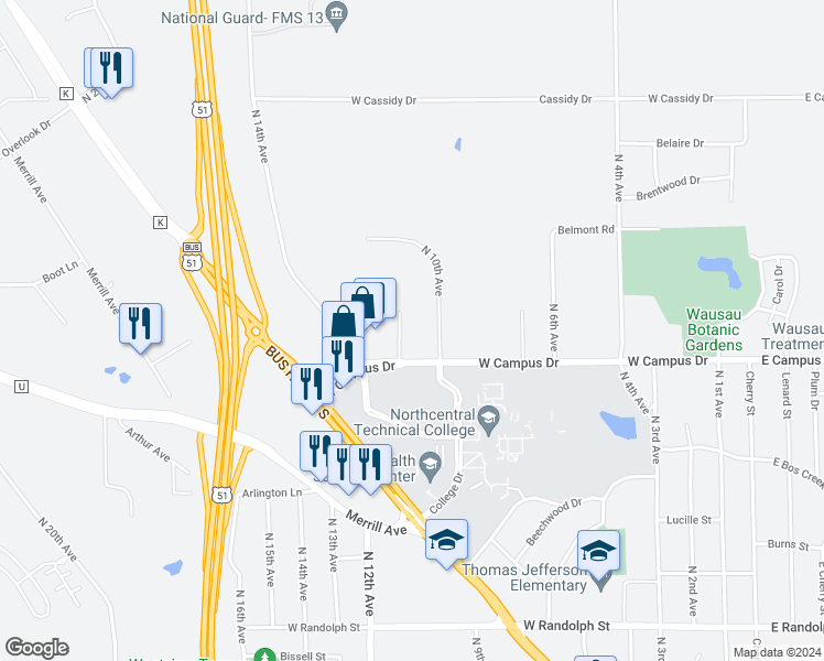 map of restaurants, bars, coffee shops, grocery stores, and more near 1830 10th Avenue North in Wausau
