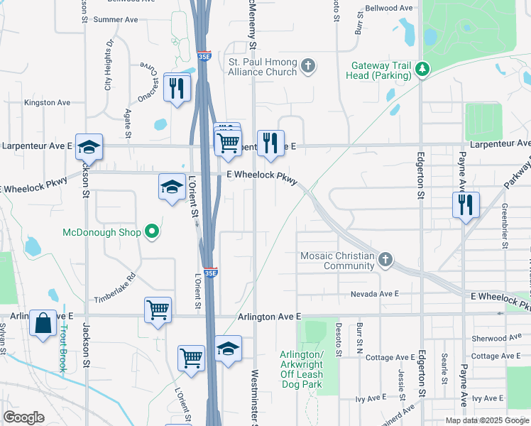 map of restaurants, bars, coffee shops, grocery stores, and more near 1607 Edgemont Street in Saint Paul