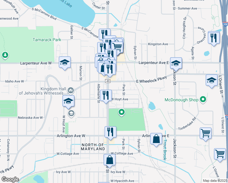 map of restaurants, bars, coffee shops, grocery stores, and more near 1608 Rice Street in Saint Paul