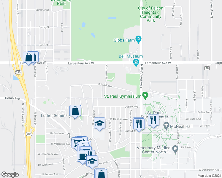 map of restaurants, bars, coffee shops, grocery stores, and more near 2160 Folwell Ave in St Paul