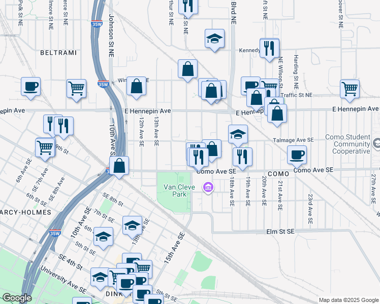map of restaurants, bars, coffee shops, grocery stores, and more near 1057 15th Avenue Southeast in Minneapolis
