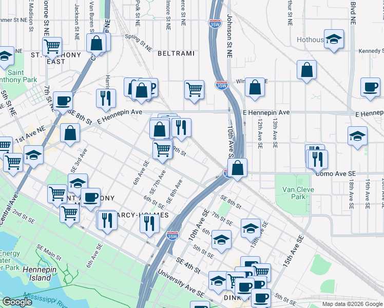 map of restaurants, bars, coffee shops, grocery stores, and more near 801 6th Street Southeast in Minneapolis