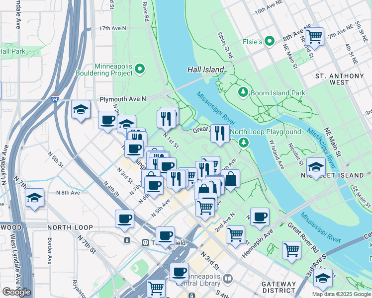 map of restaurants, bars, coffee shops, grocery stores, and more near 600 River Street in Minneapolis