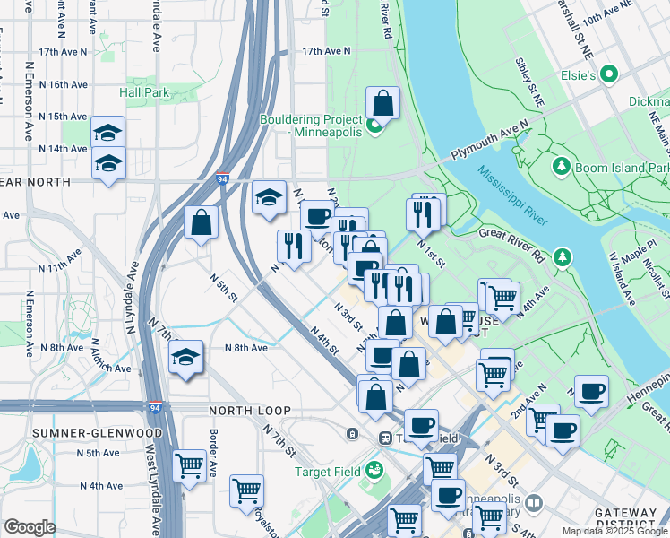 map of restaurants, bars, coffee shops, grocery stores, and more near 800 North Washington Avenue in Minneapolis
