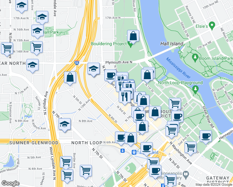 map of restaurants, bars, coffee shops, grocery stores, and more near 801 North Washington Avenue in Minneapolis