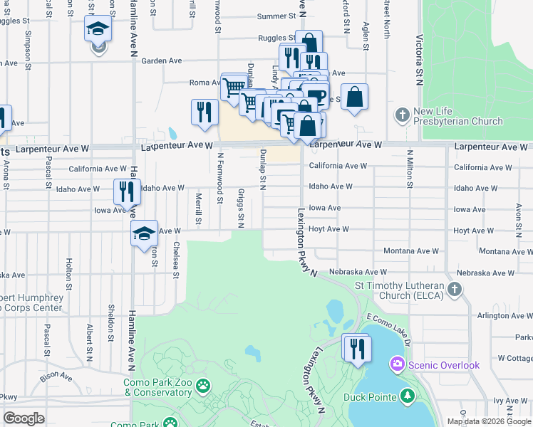map of restaurants, bars, coffee shops, grocery stores, and more near 1153 Iowa Avenue West in Saint Paul