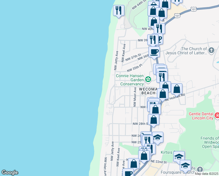 map of restaurants, bars, coffee shops, grocery stores, and more near 3259 Northwest Jetty Avenue in Lincoln City
