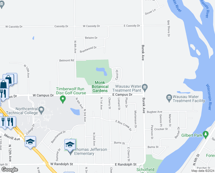 map of restaurants, bars, coffee shops, grocery stores, and more near 1809-1815 East Crabtree Circle in Wausau