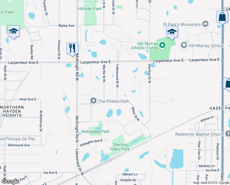 map of restaurants, bars, coffee shops, grocery stores, and more near 1587 Lakewood Drive North in Maplewood