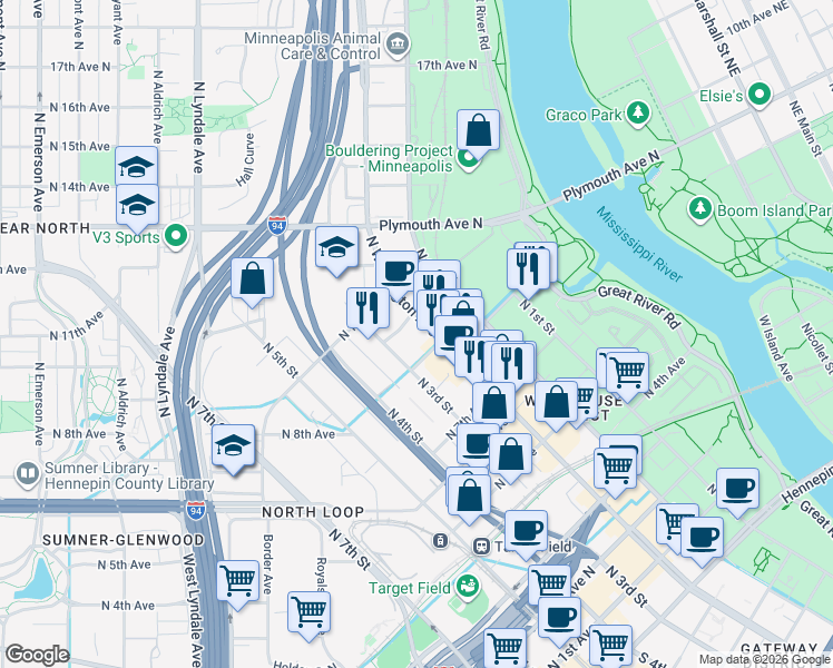 map of restaurants, bars, coffee shops, grocery stores, and more near 801 North Washington Avenue in Minneapolis