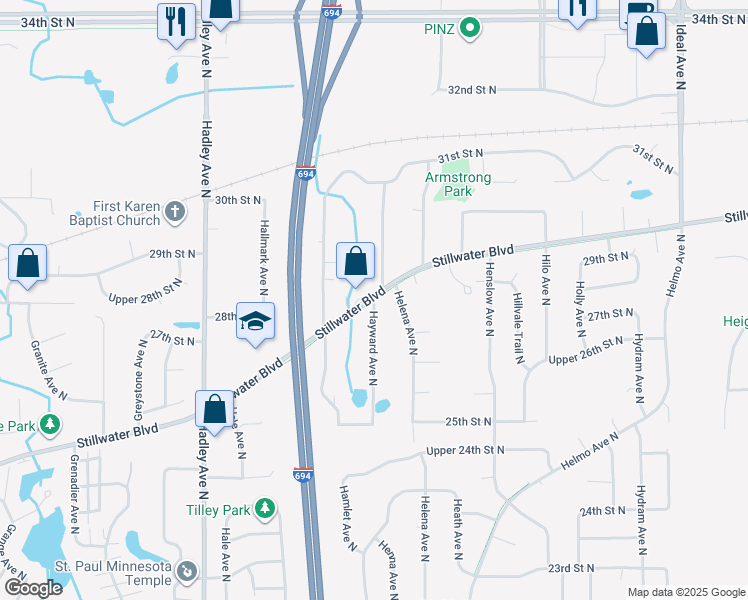 map of restaurants, bars, coffee shops, grocery stores, and more near 7320 Stillwater Boulevard North in Oakdale