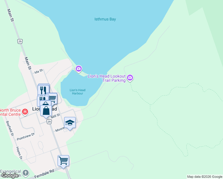 map of restaurants, bars, coffee shops, grocery stores, and more near 66 Moore Street in Lion's Head