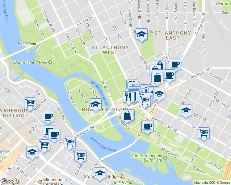 map of restaurants, bars, coffee shops, grocery stores, and more near 174-198 Northeast 2nd Street in Minneapolis