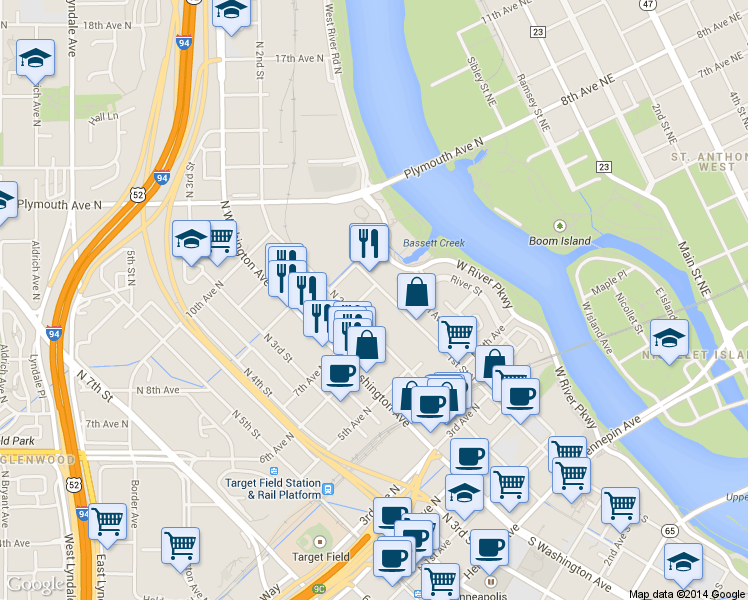map of restaurants, bars, coffee shops, grocery stores, and more near 700 North 1st Street in Minneapolis