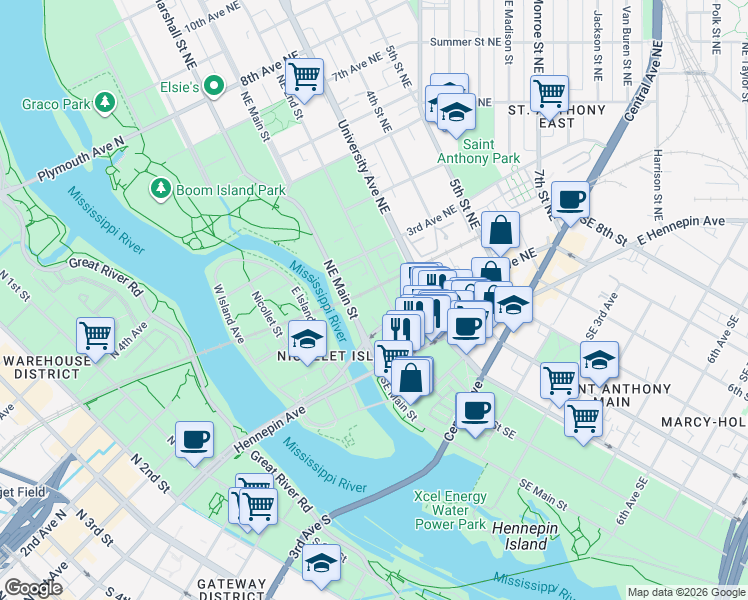 map of restaurants, bars, coffee shops, grocery stores, and more near 200 Northeast 2nd Street in Minneapolis