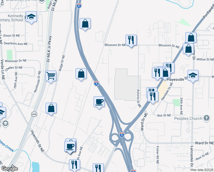 map of restaurants, bars, coffee shops, grocery stores, and more near 3010 Phyllis Street Northeast in Salem