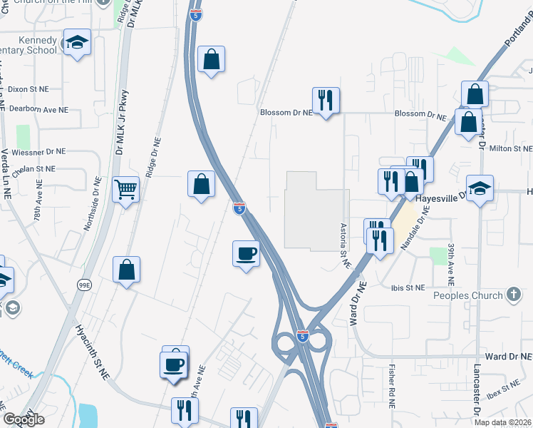 map of restaurants, bars, coffee shops, grocery stores, and more near 3099 Phyllis Street Northeast in Salem
