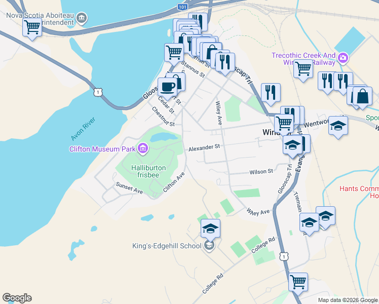 map of restaurants, bars, coffee shops, grocery stores, and more near 471 Clifton Avenue in Windsor