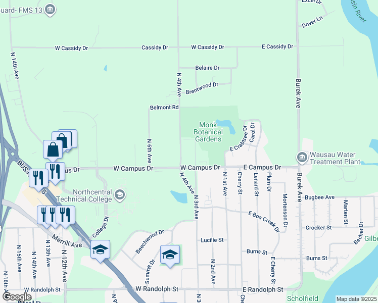 map of restaurants, bars, coffee shops, grocery stores, and more near 1821 North 4th Avenue in Wausau