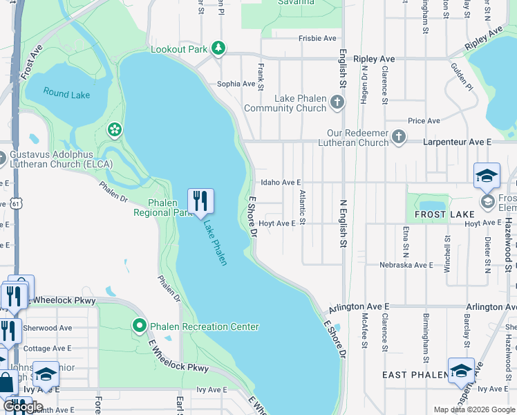 map of restaurants, bars, coffee shops, grocery stores, and more near 1598 East Shore Drive in Saint Paul