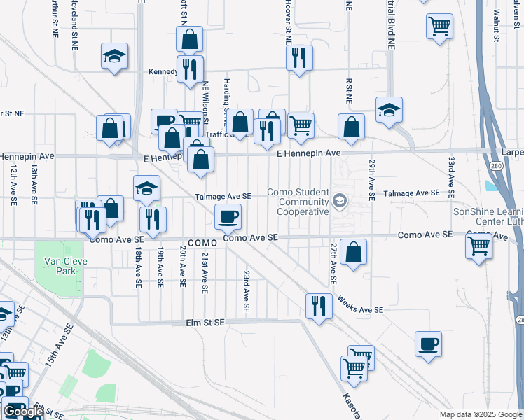 map of restaurants, bars, coffee shops, grocery stores, and more near 1054 24th Avenue Southeast in Minneapolis