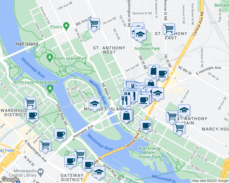 map of restaurants, bars, coffee shops, grocery stores, and more near 200 Northeast 2nd Street in Minneapolis