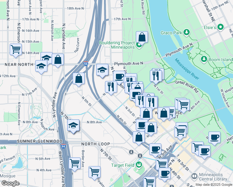 map of restaurants, bars, coffee shops, grocery stores, and more near 218 9th Avenue North in Minneapolis